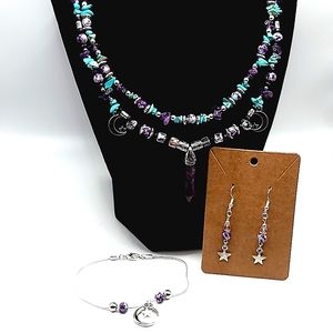 Handcrafted REAL Amethyst & Turquoise Double Strand Necklace 925 Earrings